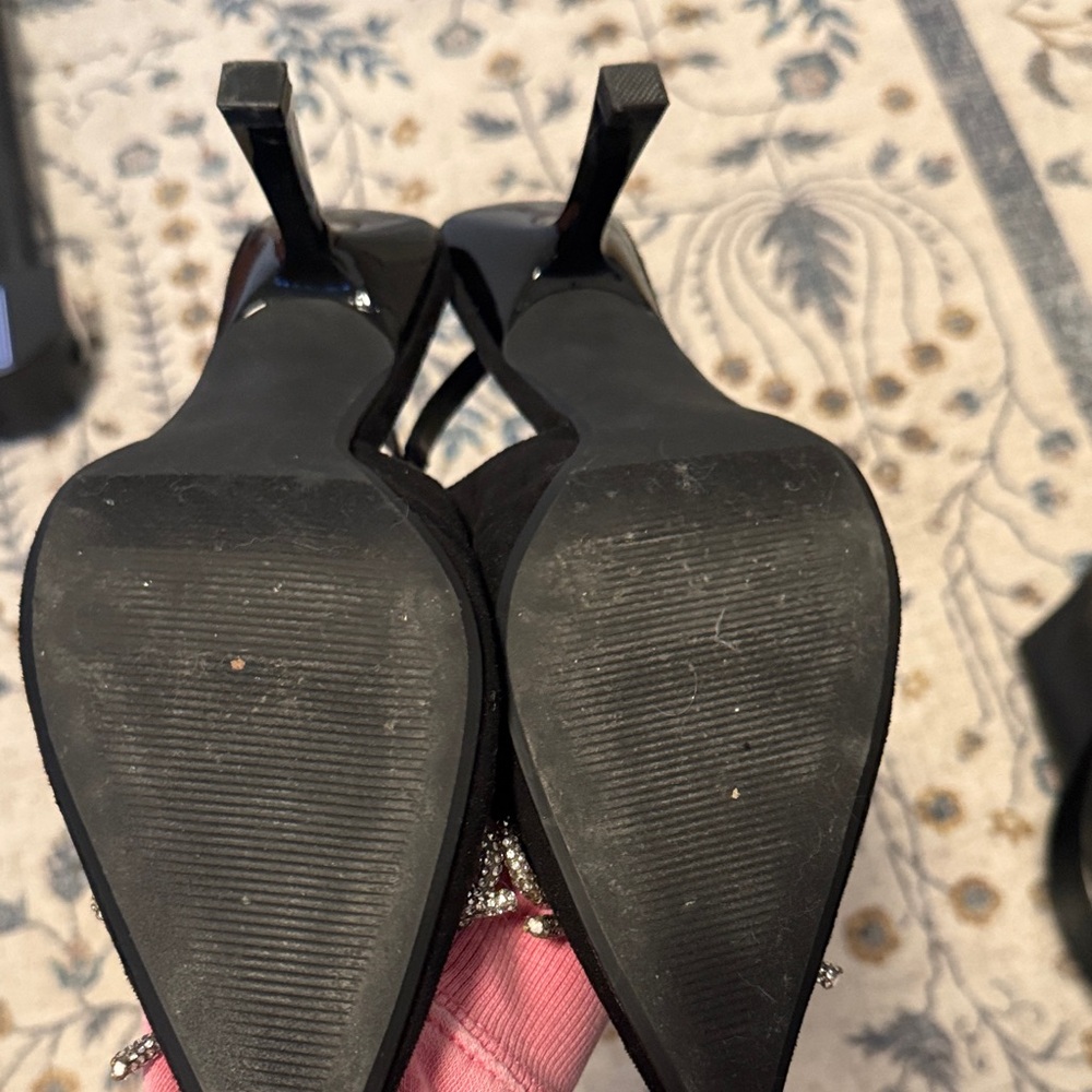Abound Black Slingback Pointed Toe Heels with Rhinestone Bow Accent - Picture 2 of 2